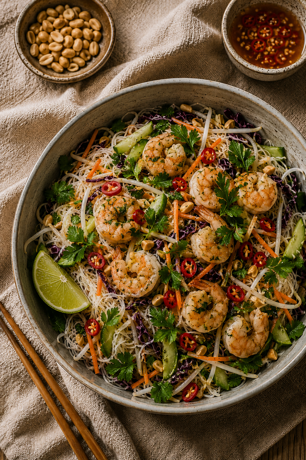 Rijstnoedels met gamba's & limoen